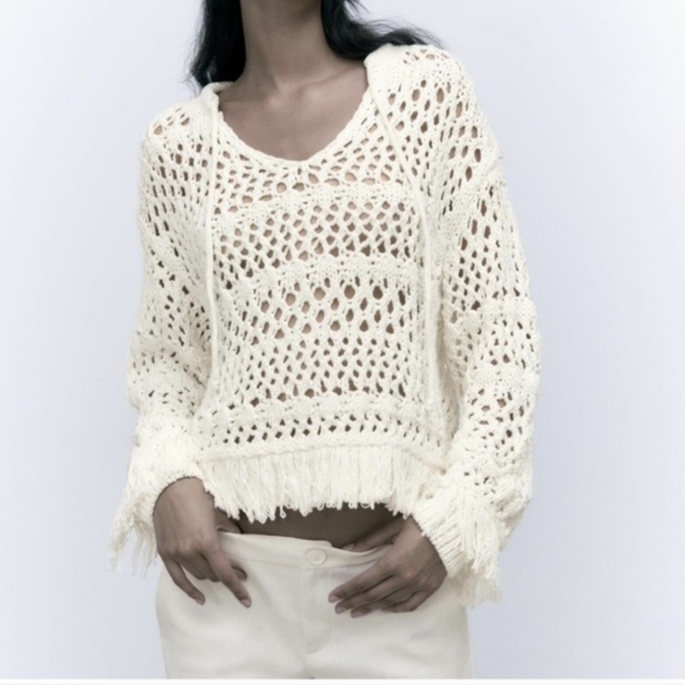 ZARA Fringe Tasseled Crochet Sweater